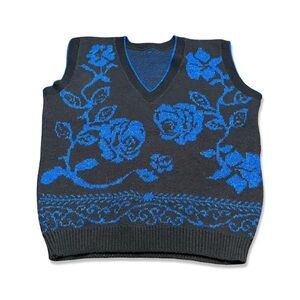 Floral Patterned Sweater Vest - Black and Blue